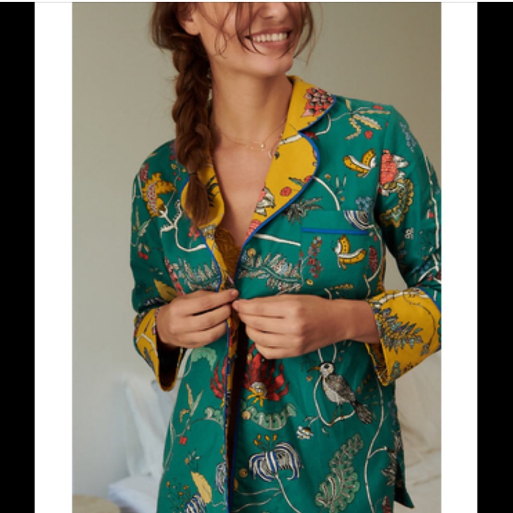 Anthropologie Teal Floral Pajama Top with Mustard Trim